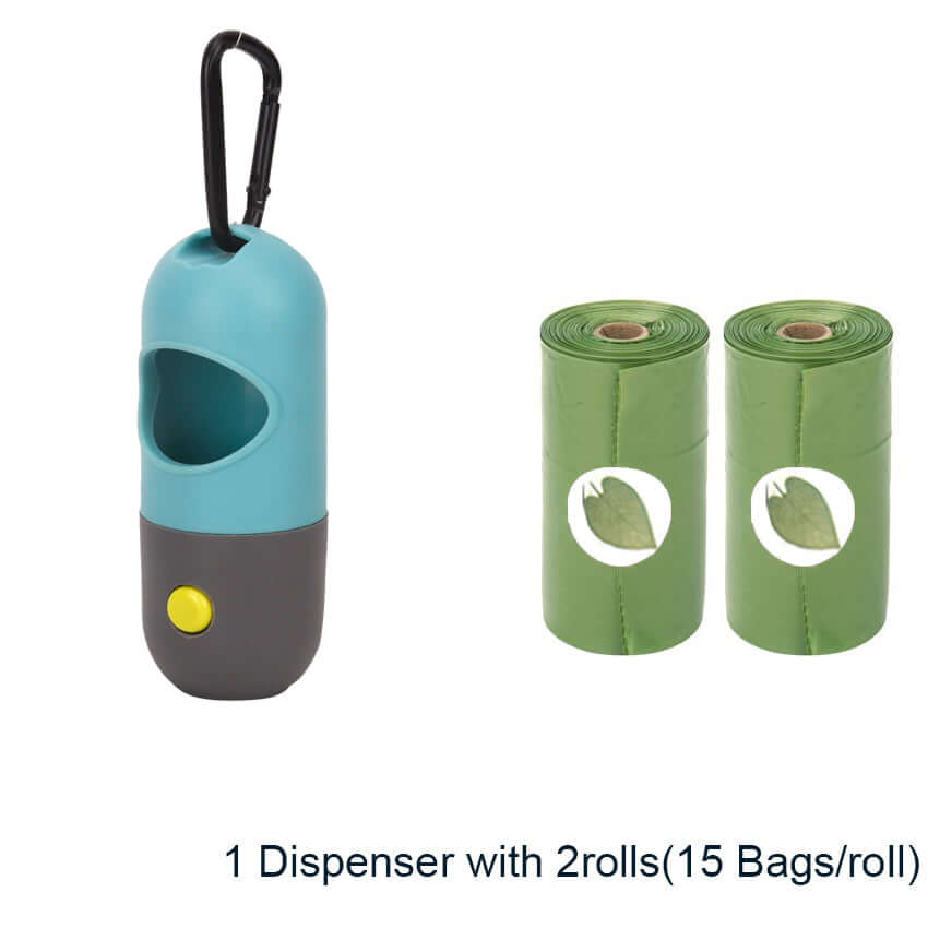 Dispenser holder with LED flashlight and 2 rolls of dog poo bags