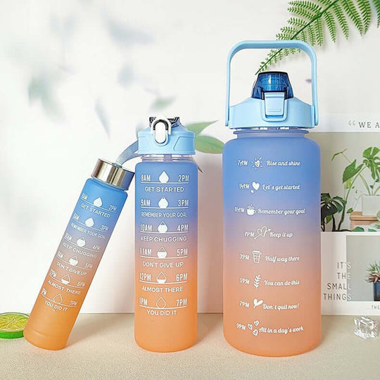 Portable sports water bottle x3 with straw and motivational time stamp reminder